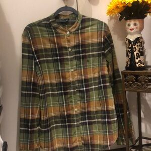 Ralph Lauren classic plaid shirt with beautiful, shades of browns and greens.